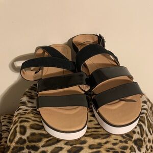 UGG Black and Tan Strappy Sandals